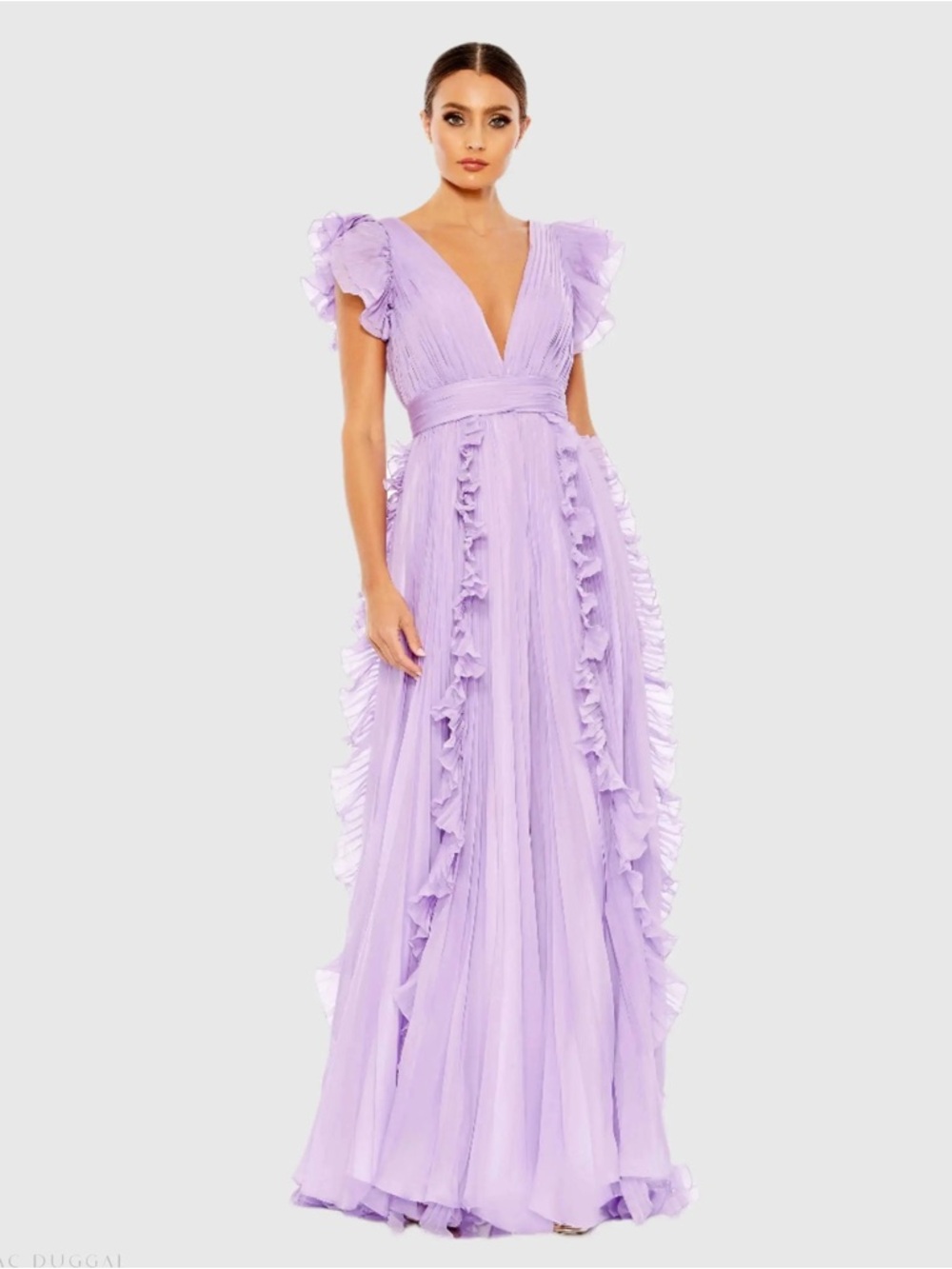 Mac Duggal 49539 Purple Pleated Ruffle Cap Sleeve Flowy A Line Gown Size 16 NWT